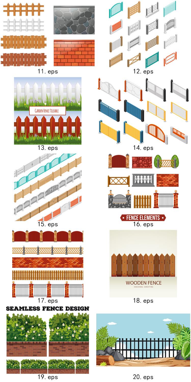 栅栏围墙大门设计 铁质木质砖木质石材栅栏围墙 AI矢量图形素材 第4张