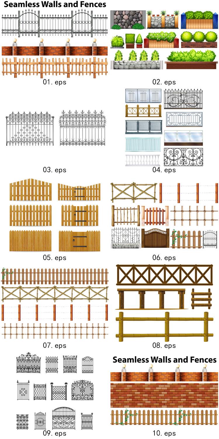 栅栏围墙大门设计 铁质木质砖木质石材栅栏围墙 AI矢量图形素材 第3张