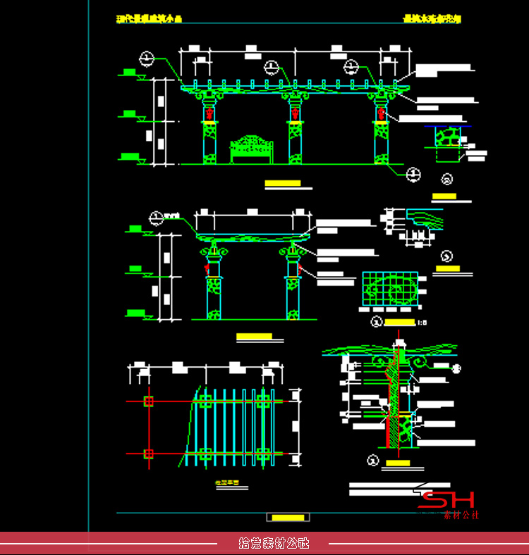 园林庭院户外景观亭保安亭花架廊架长廊亭子CAD施工图详图纸设计 第9张