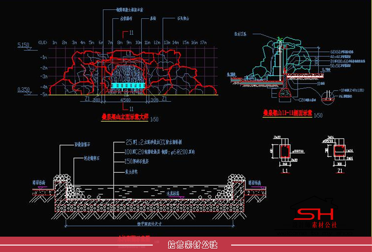 苏州古典园林庭院景观设计CAD平面图假山置石流水CAD施工详图素材 第12张