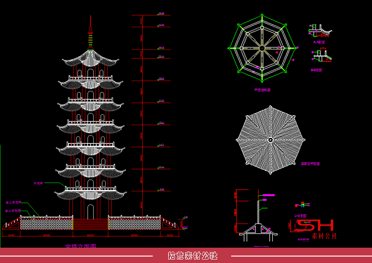 园林古建古塔塔楼宝塔寺庙佛塔建筑设计CAD施工大样详图素材素材 第10张