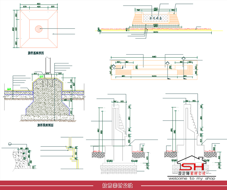 升旗台旗杆底座围栏栏杆广场设计标志CAD节点大样结构施工详图纸 第16张