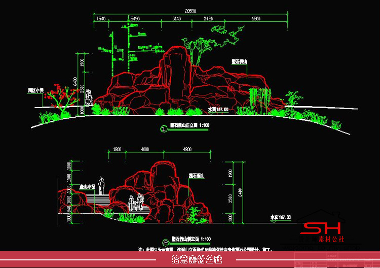 园林景区农庄酒店别墅庭院假山叠水置石景观小品CAD平立面施工图 第14张