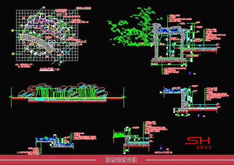 园林景区农庄酒店别墅庭院假山叠水置石景观小品CAD平立面施工图 第15张