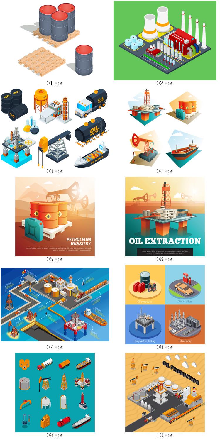 2.5D石油海上陆地开采钻井冶炼厂运输插画 AI矢量图形设计素材 第3张