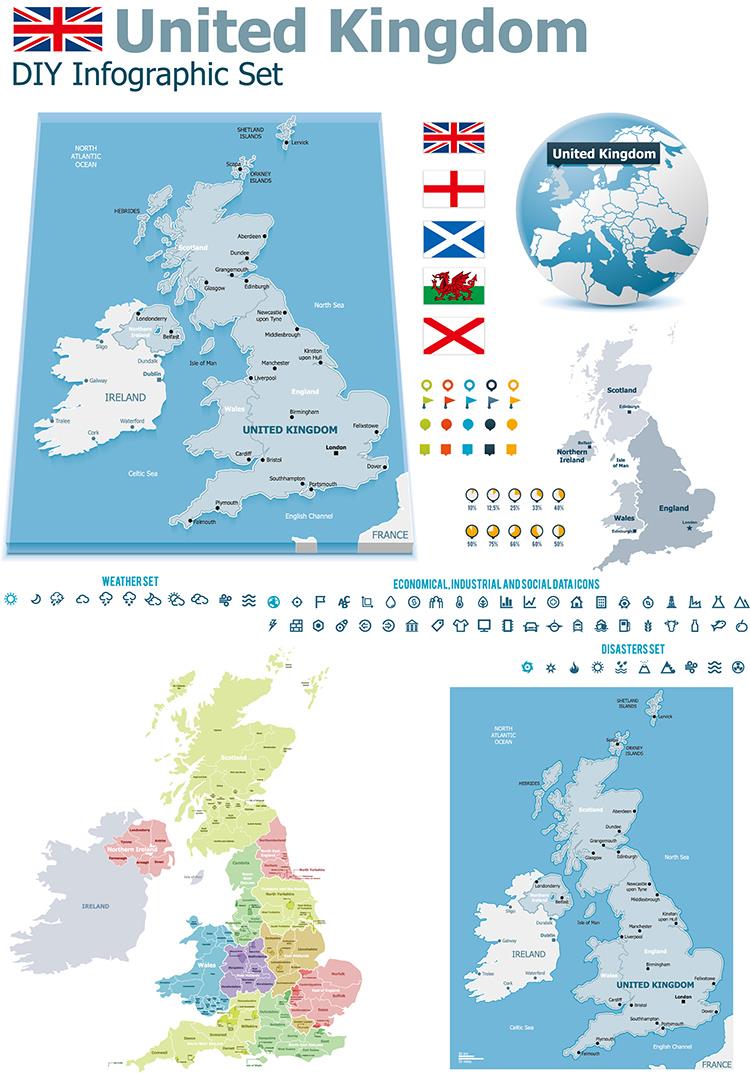 英国地图AI矢量素材 英文版国家分区地图 非实物地图 设计素材 第1张