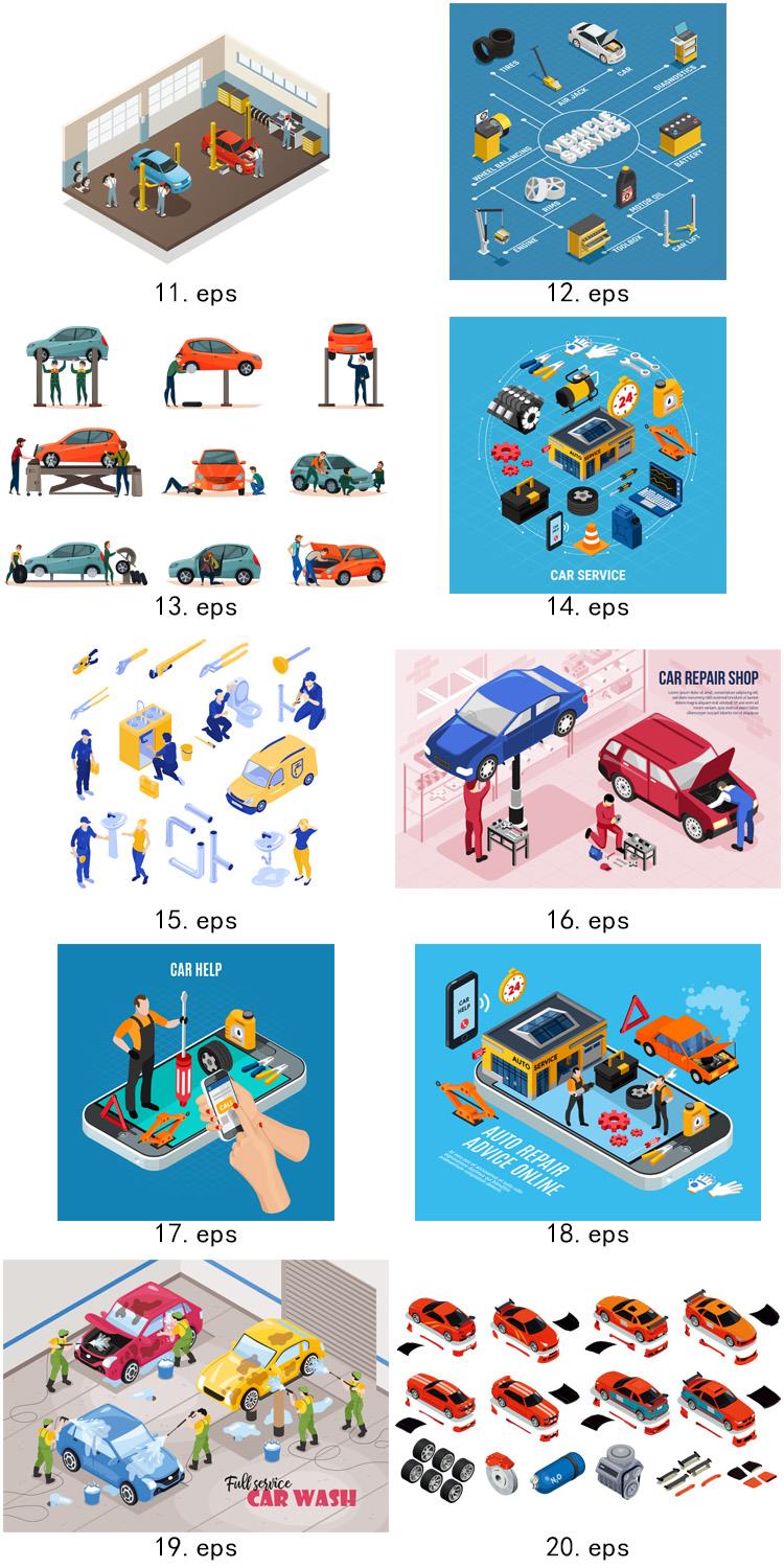 2.5D等距汽车维修清洗车辆检查24小时救援AI矢量图形设计文件素材 第4张