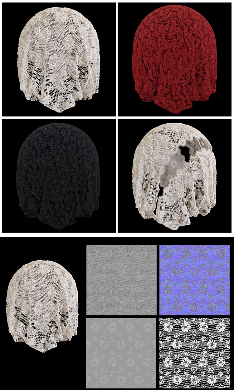 3d蕾丝花边布料贴图无缝纹理C4D法线置换凹凸模型贴图素材图A1153 第1张