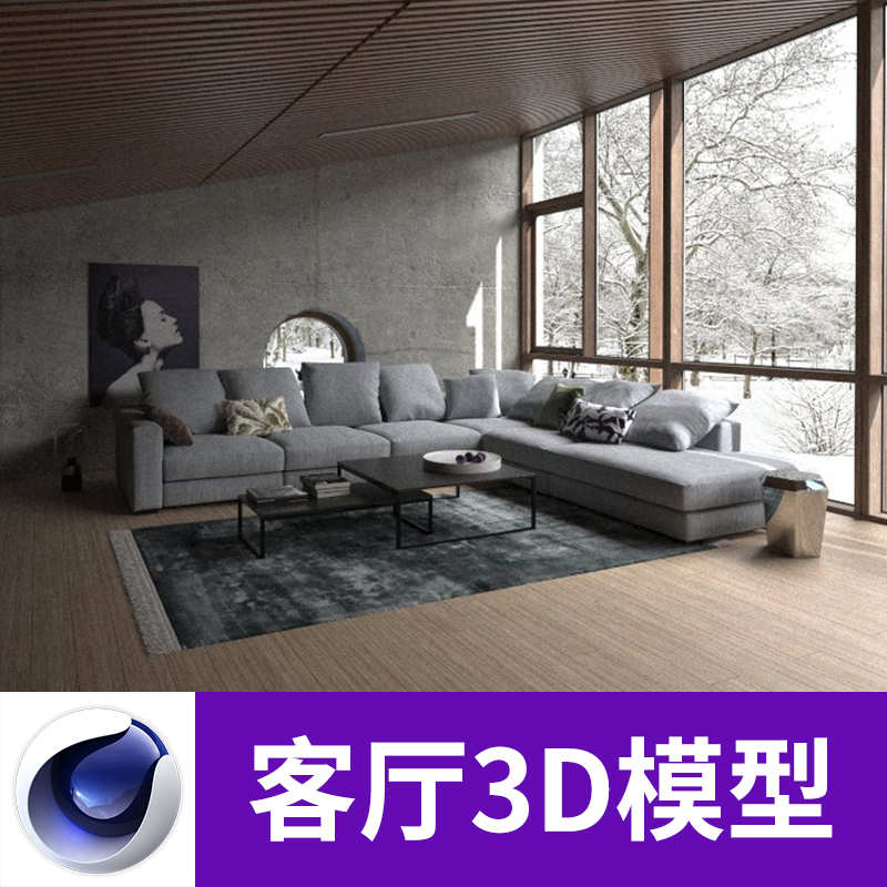 C4D MAX FBX OBJ雪地背景室内场景客厅沙发茶几柜子三维模型A705图片