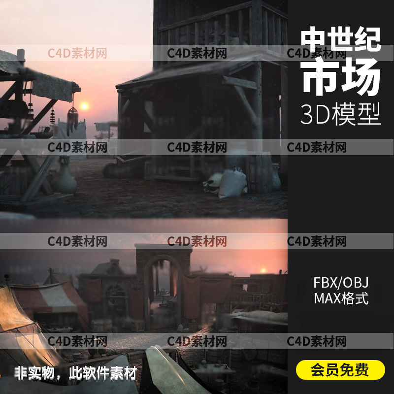 KitBash3D中世纪街道破旧平房木屋市场场景3D模型C4D素材A1549图片