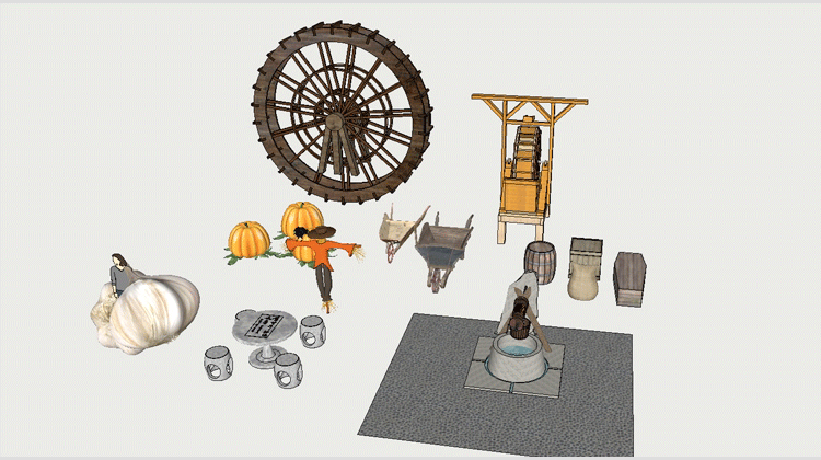 古井灶台水井羊南瓜酒桶马车石磨碾盘乡村农村小品草图大师SU模型 第6张