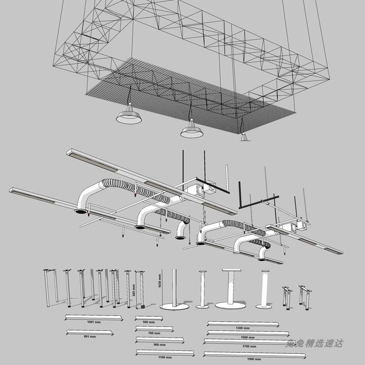 草图大师厂房改造LOFT工业风格构件室内管道吊顶排风扇格栅SU模型 第16张