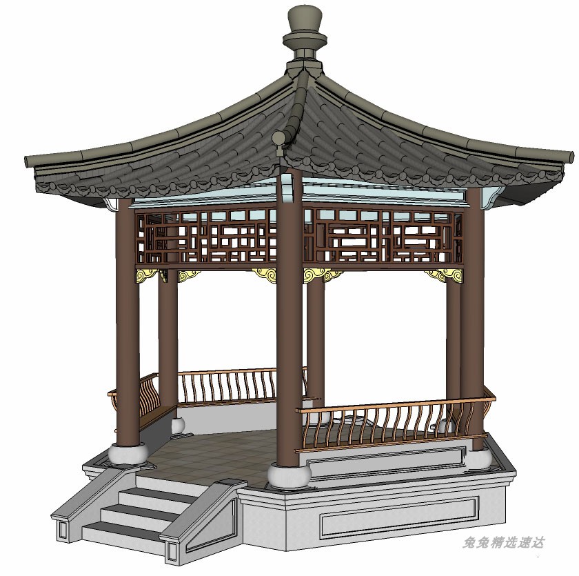 sketchup草图大师园林景观古建筑古典中式廊架亭子六角亭SU模型 第8张