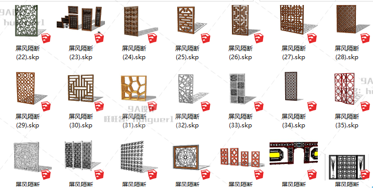 SU中式古典景墙照壁sketchup花窗格门屏风镂空隔断草图大师模型 第23张