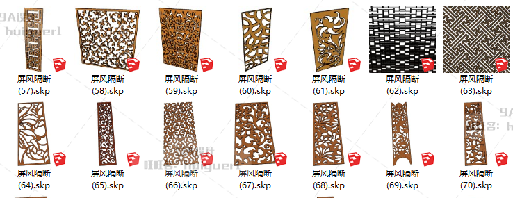 SU中式古典景墙照壁sketchup花窗格门屏风镂空隔断草图大师模型 第25张