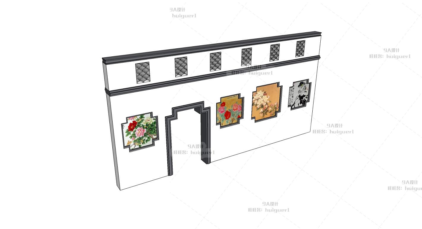 SU中式古典景墙照壁sketchup花窗格门屏风镂空隔断草图大师模型 第32张