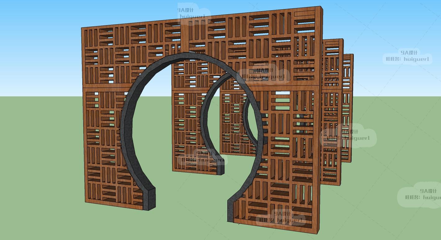 SU中式古典景墙照壁sketchup花窗格门屏风镂空隔断草图大师模型 第37张