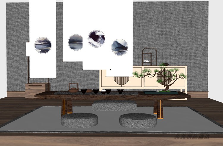 禅意新中式茶桌椅SU模型草图大师sketchup茶室书房家具摆设模型 第4张