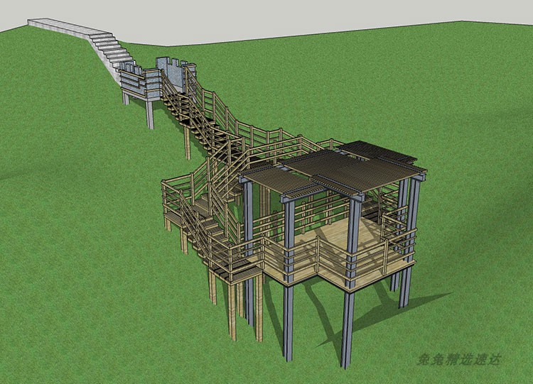 中式古典水榭高空走廊栈道观景平台 SU模型木质天桥曲桥景观模型 第13张