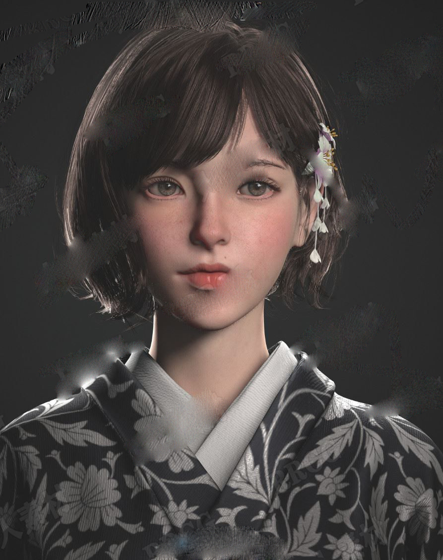 C4D OBJ经典日系女孩人物妹子角色五官眼睛头发手衣服3D模型A1192 第1张