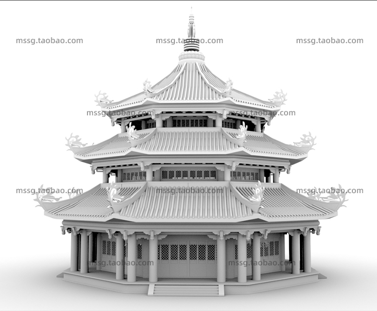 古风建筑三层八角宝塔楼C4D工程模型FBX OBJ3D建模立体素材 A1561 第3张