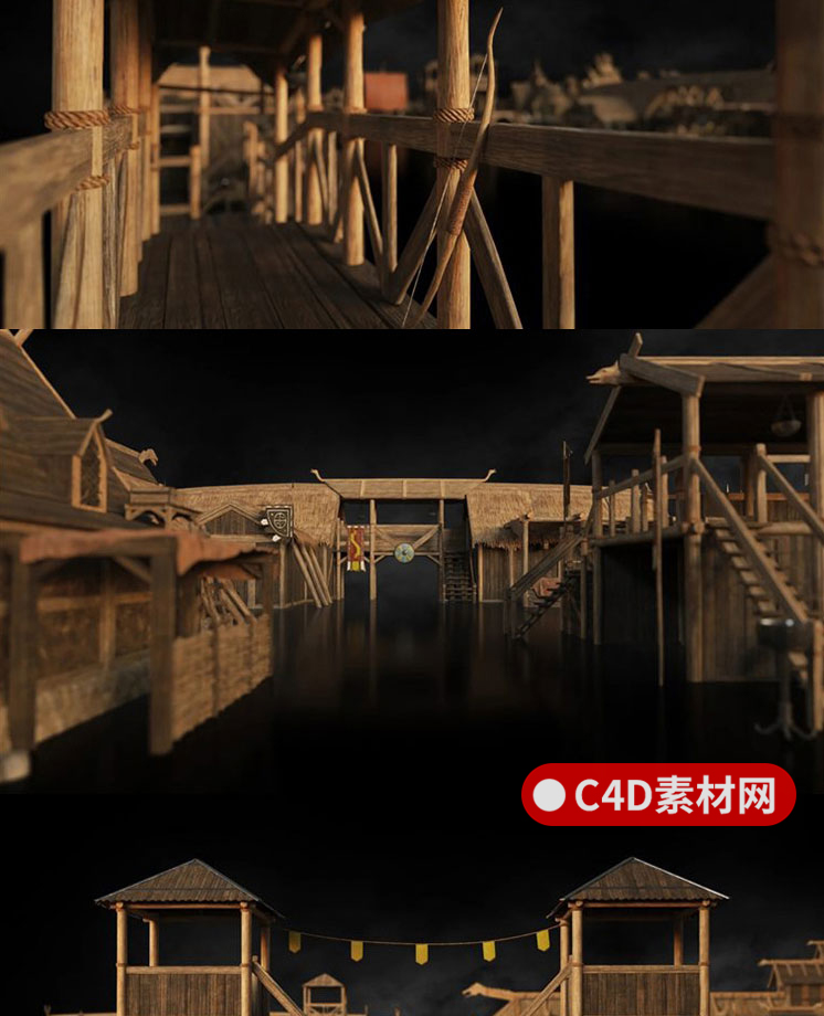 古代国外小镇城市城镇建筑房屋茅草屋乡村C4D模型创意3D素材R249 第3张