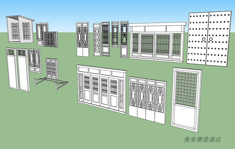 草图大师中式欧式现代门窗SU模型建筑构件古典庭院门雕花室内设计 第12张