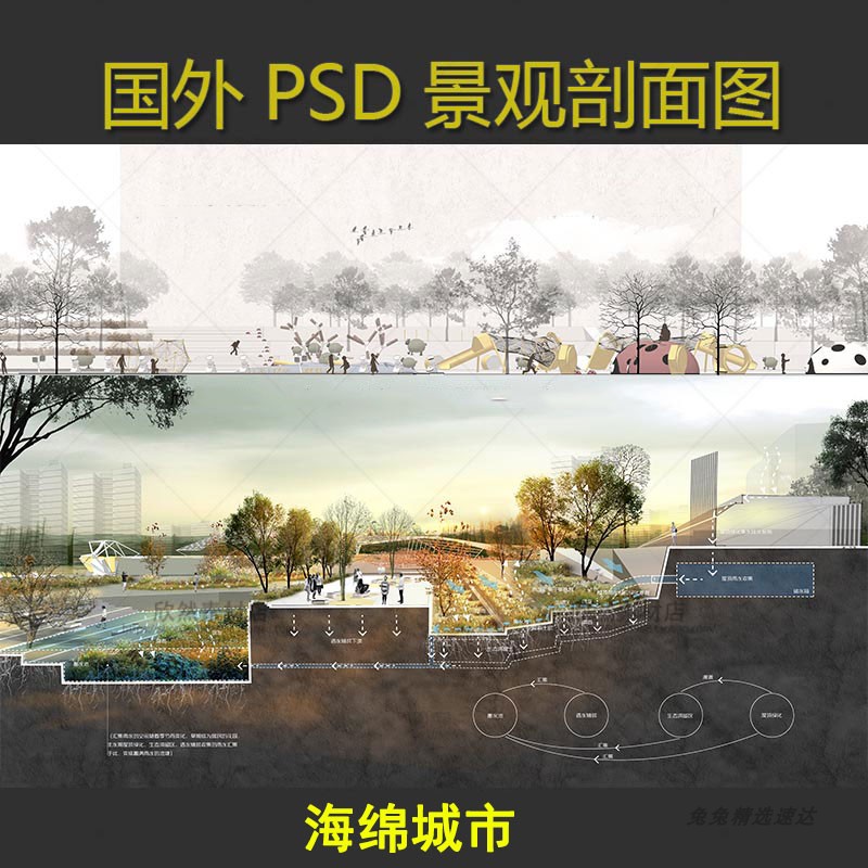 国外景观园林PS立面图剖面图PSD海绵城市效果图素材竞赛分析图图片