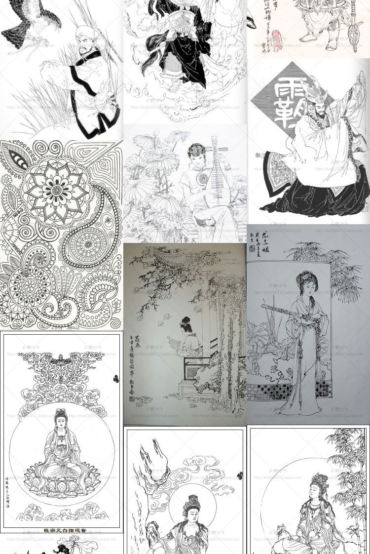 动漫线稿 中国风工笔白描线描 黑白装饰画 图案 设计参考素材 第19张