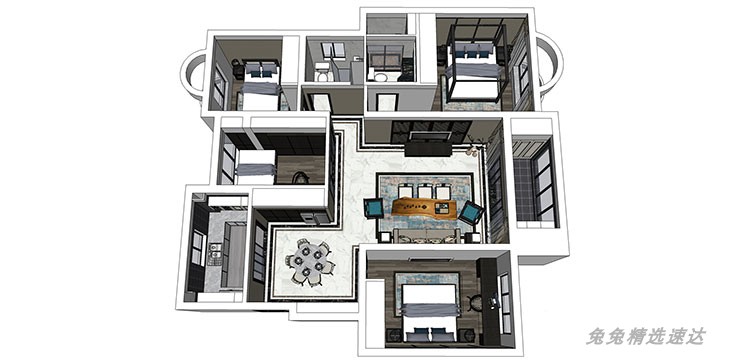 sketchup模型中式新中式风格室内家装别墅整体场景草图大师su模型 第7张