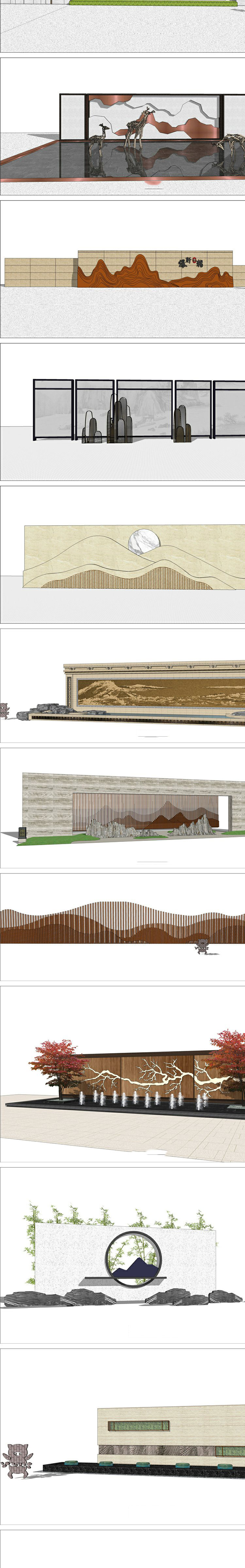 sketchup模型新中式禅意山水景墙园林景观设计小品草图大师su模型 第5张