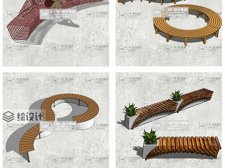 SU模型景观花园公园广场休闲座椅城市步行街道长凳家具su草图大师 第8张