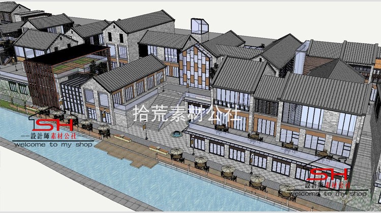 sketchup新中式住宅小区商业步行街旅游景区古镇街建筑设计SU模型 第3张