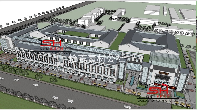 sketchup新中式住宅小区商业步行街旅游景区古镇街建筑设计SU模型 第5张