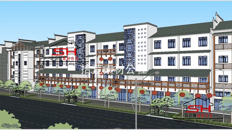 sketchup新中式住宅小区商业步行街旅游景区古镇街建筑设计SU模型 第10张