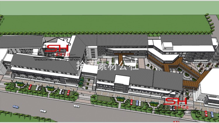 sketchup新中式住宅小区商业步行街旅游景区古镇街建筑设计SU模型 第12张