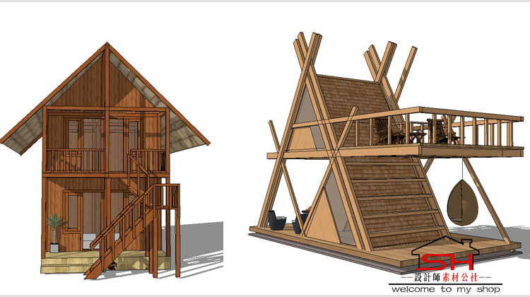 乡村旅游度假村景区小木屋酒店别墅树屋阳光房亭子建筑设计SU模型 第1张