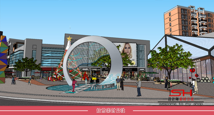 sketchup现代风格商业步行美食街城市广场旅游小镇景观设计SU模型 第1张