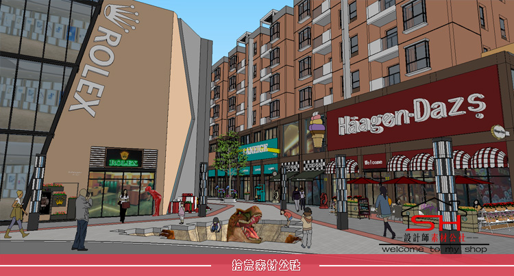 sketchup现代风格商业步行美食街城市广场旅游小镇景观设计SU模型 第2张