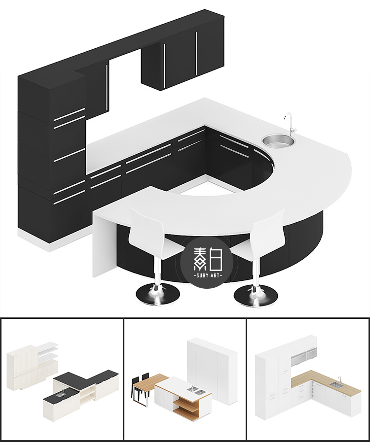 1647厨房橱柜21套整体厨具C4D模型合集现代室内设计3D素材 第1张
