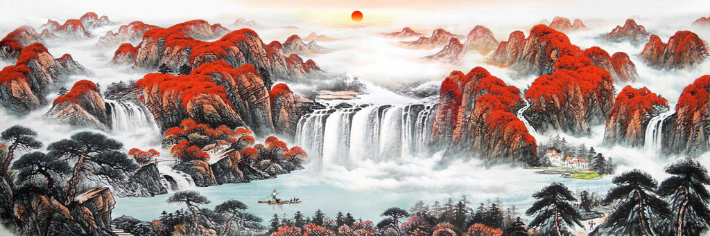 新中式鸿运当头山水水墨画高山流水背景墙壁画装饰画高清素材图库 第9张