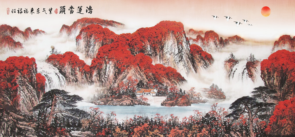 新中式鸿运当头山水水墨画高山流水背景墙壁画装饰画高清素材图库 第10张