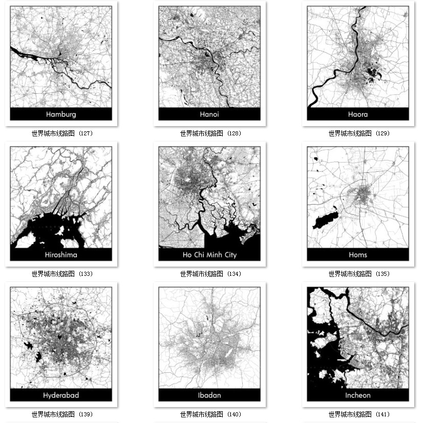 世界城市地图道路线路图PS矢量图黑白简约装饰画画芯高清素材图库 第41张