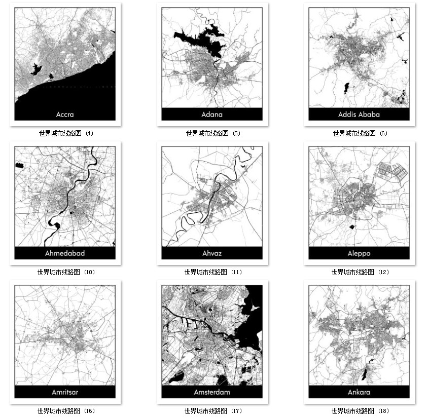 世界城市地图道路线路图PS矢量图黑白简约装饰画画芯高清素材图库 第54张