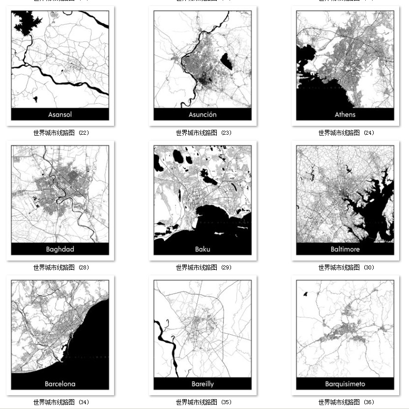 世界城市地图道路线路图PS矢量图黑白简约装饰画画芯高清素材图库 第53张