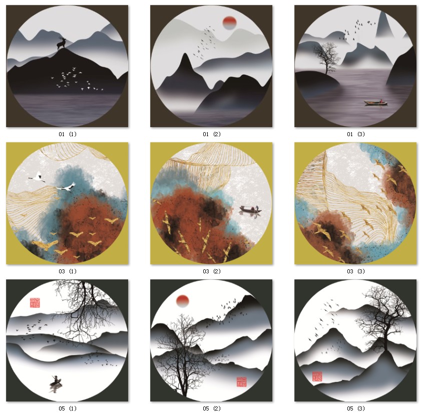 新中式国潮花鸟山水禅意客厅三联玄关圆形装饰画画芯高清素材图库 第26张